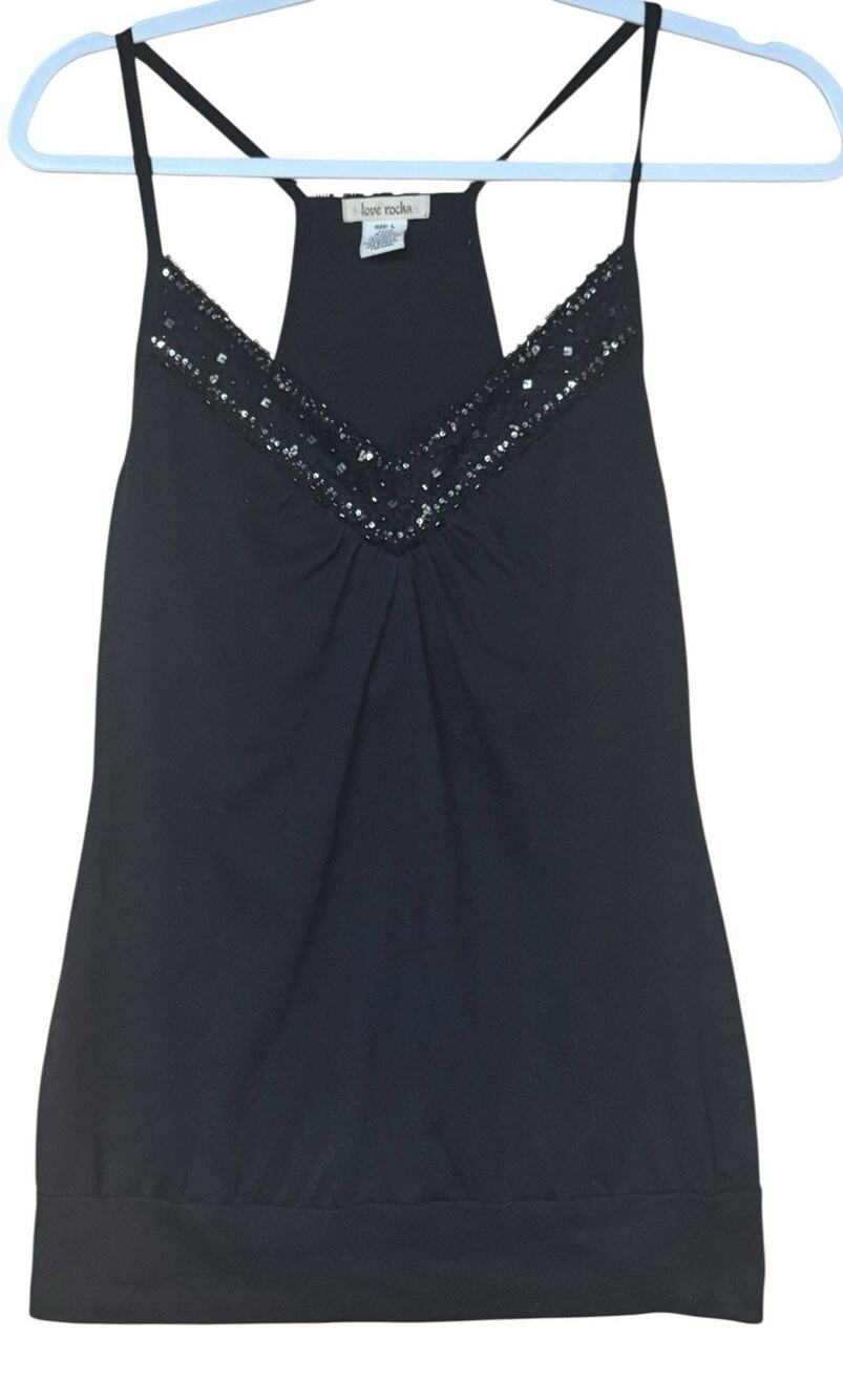Love Rocks Womens Black Sequin Y2K Beaded Tank Top Cami Dark Fairy Blouson Sz L